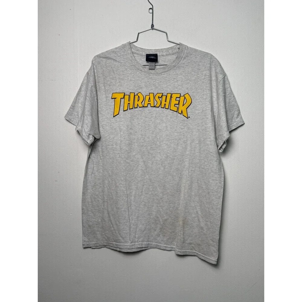 Thrasher T-Shirt Mens Large Gray Heather Yellow Arched Logo Skater tshirts
